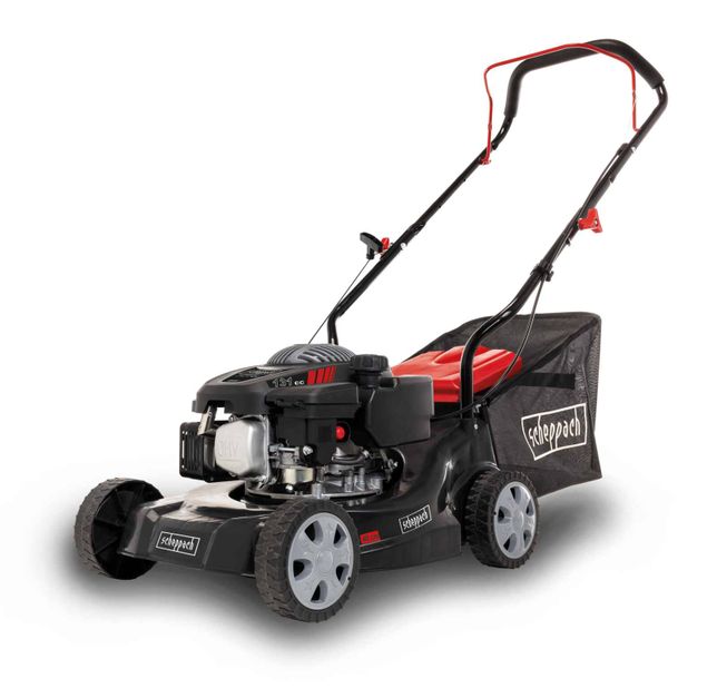 Scheppach petrol lawnmower with 131 cm³ engine and black collection bag.